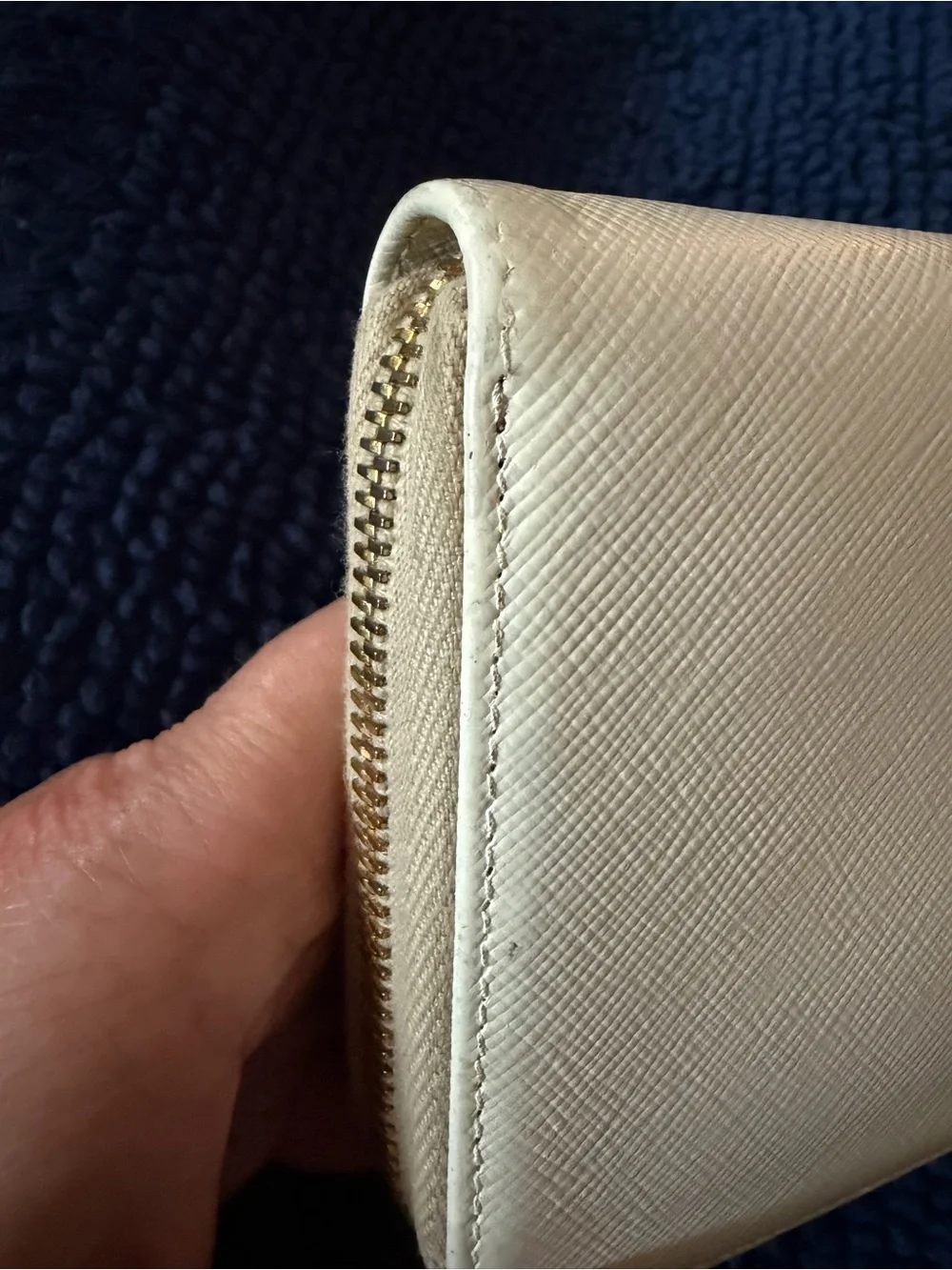 PRADA White Saffiano Leather Long Zippy Wallet w/Unbranded Gold Wristlet Chain